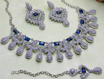 Blue rhodium premium designer american diamond and stone work necklace set 3