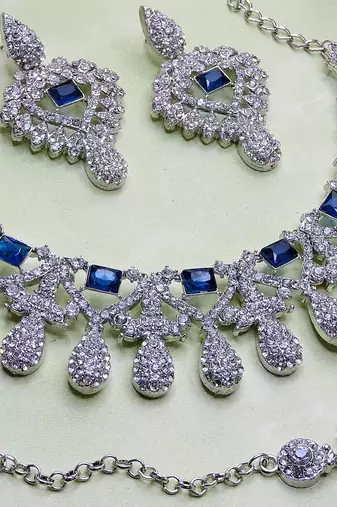 Blue rhodium premium designer american diamond and stone work necklace set