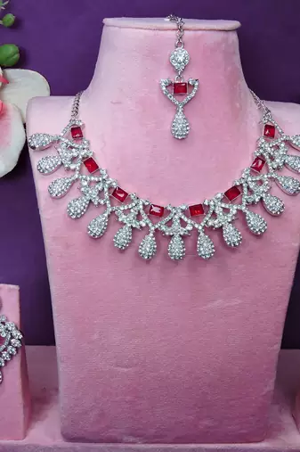 Pink rhodium premium designer american diamond and stone work necklace set