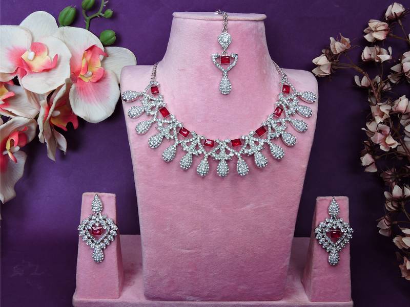 Pink rhodium premium designer american diamond and stone work necklace set