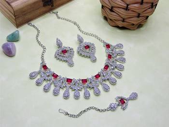 Pink rhodium premium designer american diamond and stone work necklace set 2