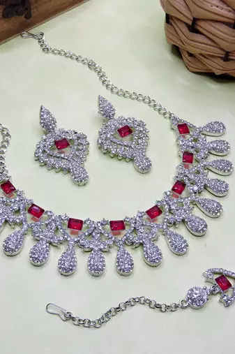 Pink rhodium premium designer american diamond and stone work necklace set