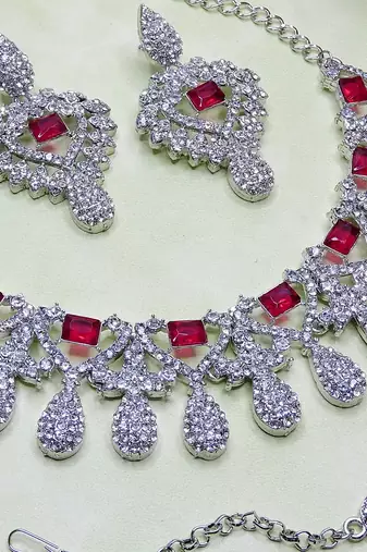 Pink rhodium premium designer american diamond and stone work necklace set