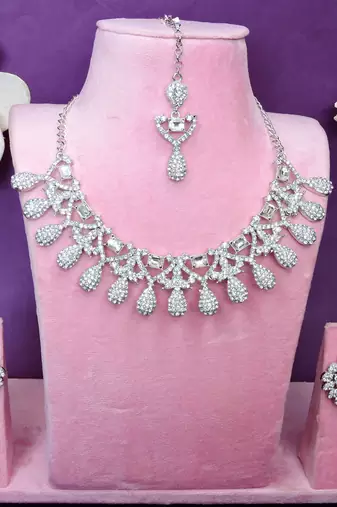 White rhodium premium designer american diamond and stone work necklace set