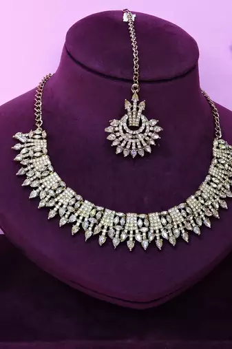 Gold yellow gold premium designer american diamond and stone work necklace set