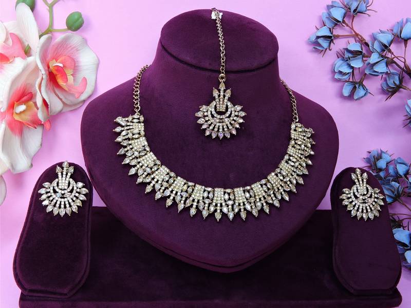 Gold yellow gold premium designer american diamond and stone work necklace set