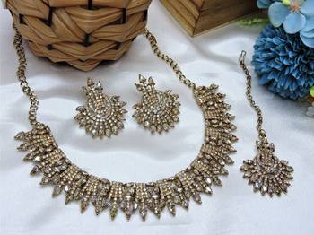 Gold yellow gold premium designer american diamond and stone work necklace set 2