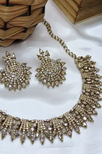 Gold yellow gold premium designer american diamond and stone work necklace set