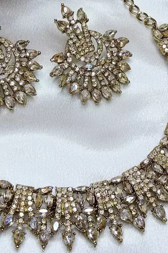 Gold yellow gold premium designer american diamond and stone work necklace set