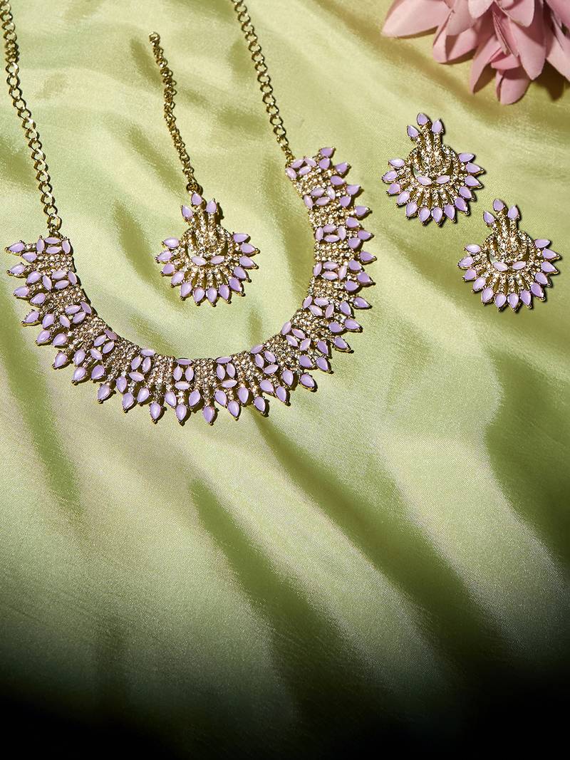Purple yellow gold premium designer american diamond and stone work necklace set