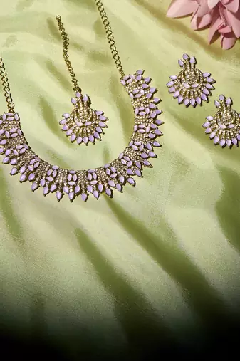 Purple yellow gold premium designer american diamond and stone work necklace set