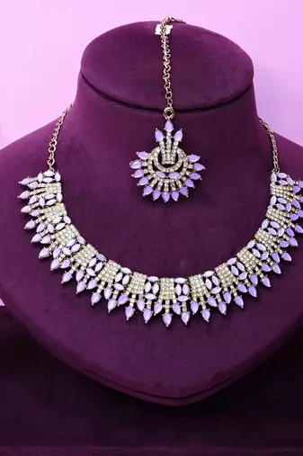 Purple yellow gold premium designer american diamond and stone work necklace set