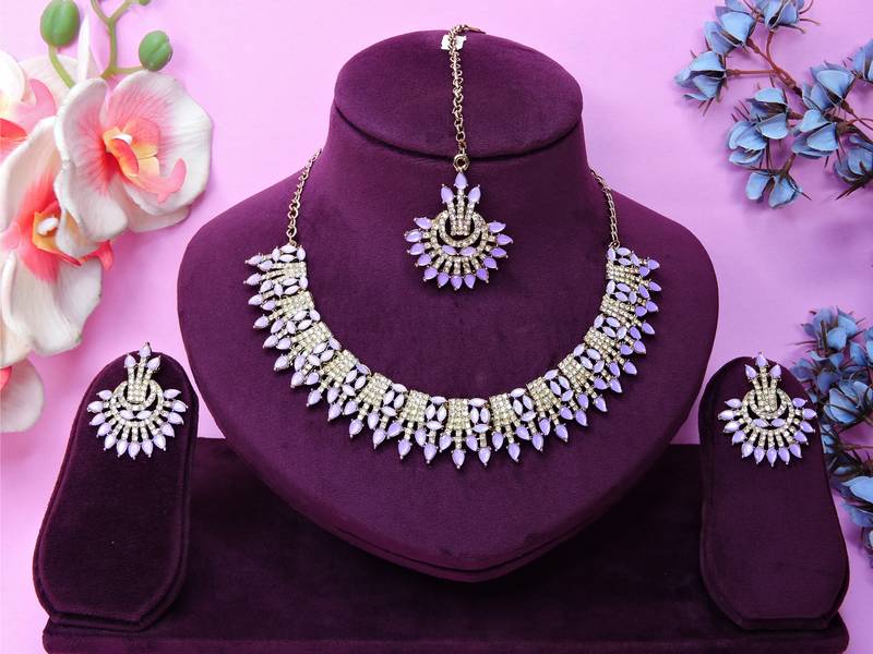 Purple yellow gold premium designer american diamond and stone work necklace set