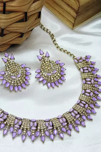 Purple yellow gold premium designer american diamond and stone work necklace set