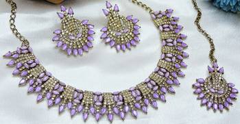 Purple yellow gold premium designer american diamond and stone work necklace set 3
