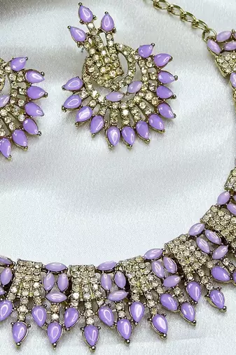 Purple yellow gold premium designer american diamond and stone work necklace set