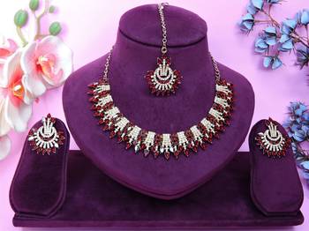 Maroon yellow gold premium designer american diamond and stone work necklace set 1