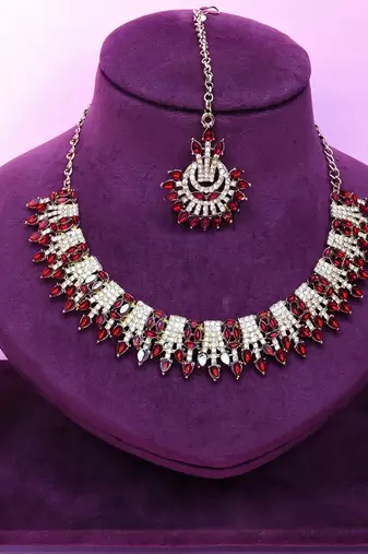 Maroon yellow gold premium designer american diamond and stone work necklace set