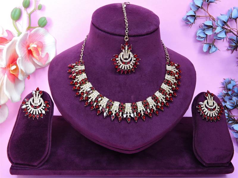Maroon yellow gold premium designer american diamond and stone work necklace set