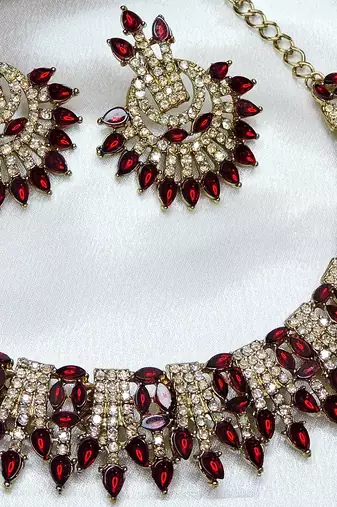 Maroon yellow gold premium designer american diamond and stone work necklace set