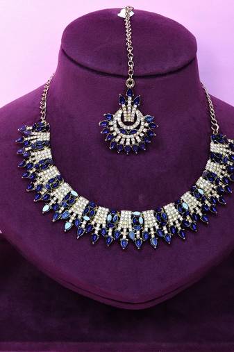 Blue yellow gold premium designer american diamond and stone work necklace set