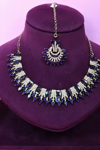 Blue yellow gold premium designer american diamond and stone work necklace set
