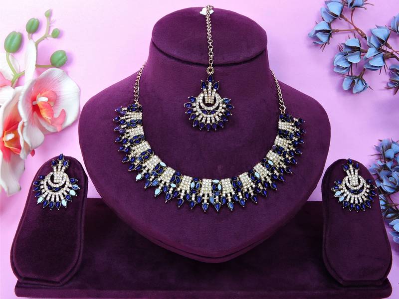 Blue yellow gold premium designer american diamond and stone work necklace set