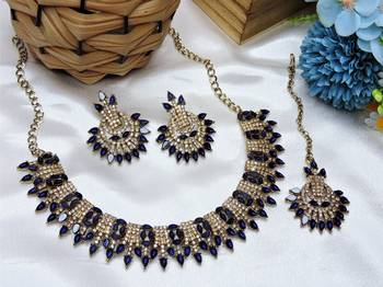 Blue yellow gold premium designer american diamond and stone work necklace set 2