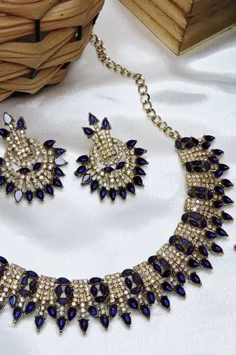 Blue yellow gold premium designer american diamond and stone work necklace set