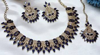 Blue yellow gold premium designer american diamond and stone work necklace set 3