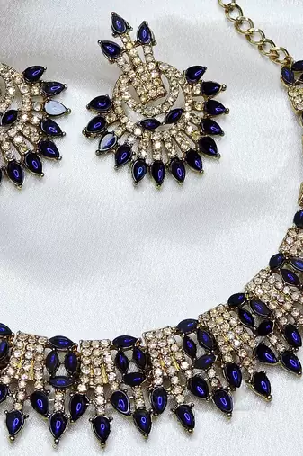 Blue yellow gold premium designer american diamond and stone work necklace set