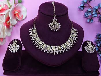 Pink yellow gold premium designer american diamond and stone work necklace set 1