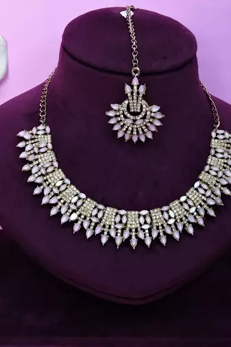 Pink yellow gold premium designer american diamond and stone work necklace set