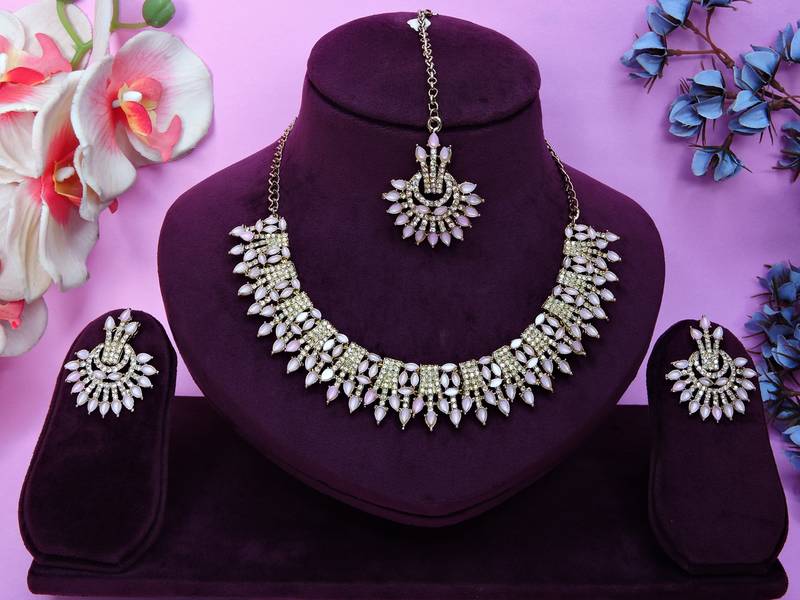 Pink yellow gold premium designer american diamond and stone work necklace set