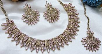 Pink yellow gold premium designer american diamond and stone work necklace set 2