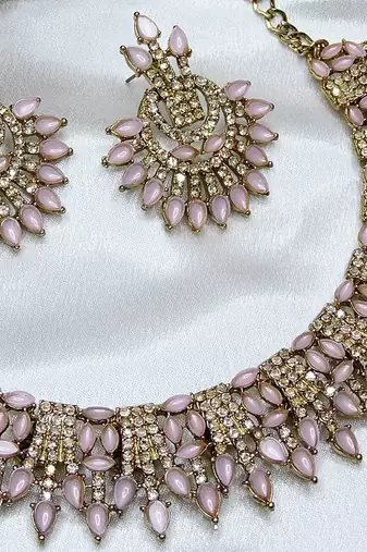 Pink yellow gold premium designer american diamond and stone work necklace set