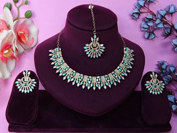 Green yellow gold premium designer american diamond and stone work necklace set 1