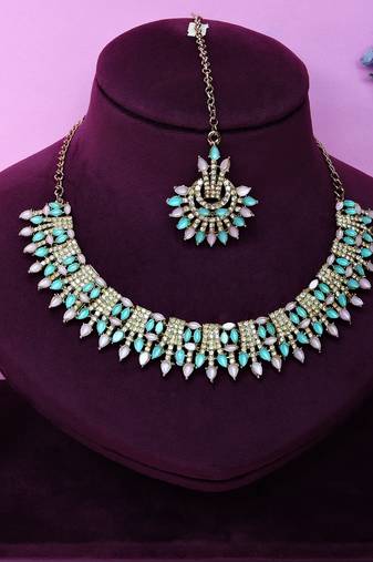 Green yellow gold premium designer american diamond and stone work necklace set