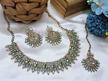 Green yellow gold premium designer american diamond and stone work necklace set 2