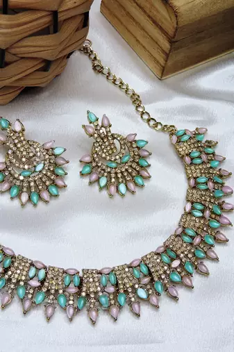 Green yellow gold premium designer american diamond and stone work necklace set