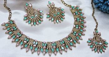 Green yellow gold premium designer american diamond and stone work necklace set 3