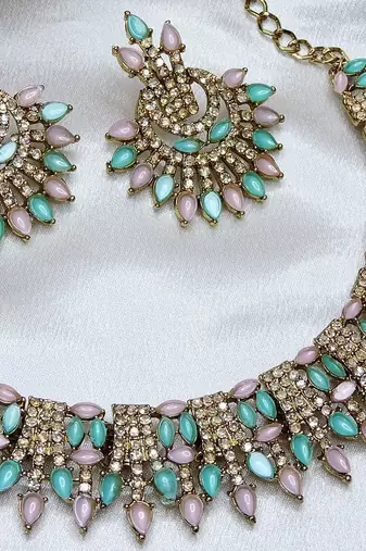 Green yellow gold premium designer american diamond and stone work necklace set