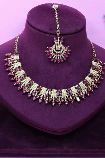 Purple yellow gold premium designer american diamond and stone work necklace set