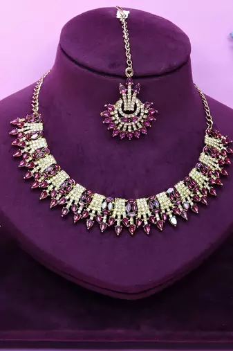 Purple yellow gold premium designer american diamond and stone work necklace set