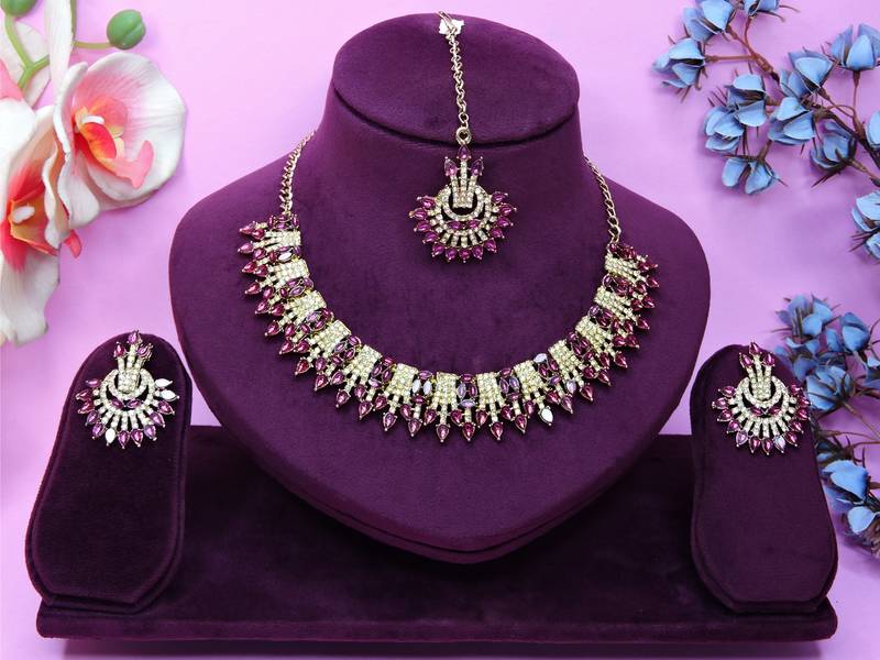 Purple yellow gold premium designer american diamond and stone work necklace set