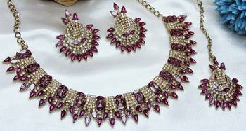 Purple yellow gold premium designer american diamond and stone work necklace set 2