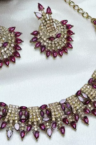 Purple yellow gold premium designer american diamond and stone work necklace set