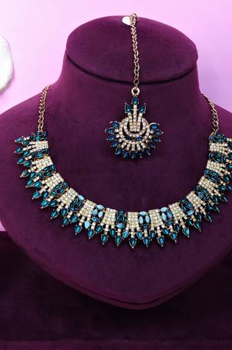 Blue yellow gold premium designer american diamond and stone work necklace set