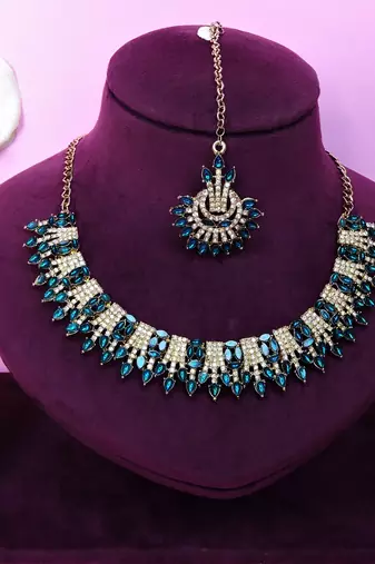 Blue yellow gold premium designer american diamond and stone work necklace set
