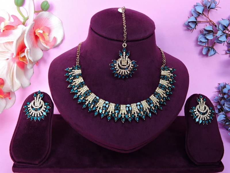 Blue yellow gold premium designer american diamond and stone work necklace set